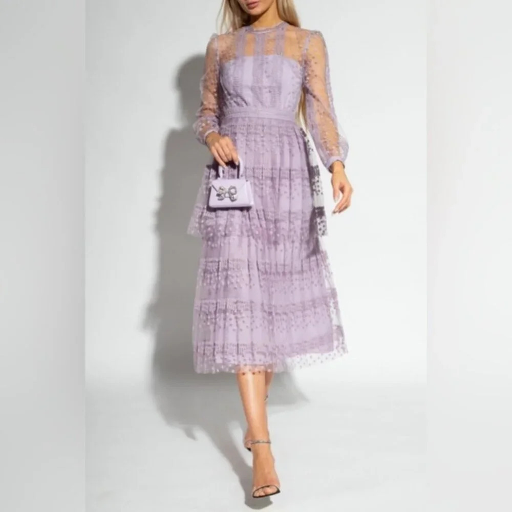 NEW Self-Portrait Lilac Purple Tiered Midi Dress | size UK 6 / US 2 - Picture 1 of 13